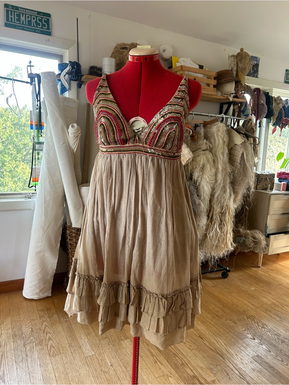 Silk and Cotton Beaded Backless Dress Multicolor Bodice